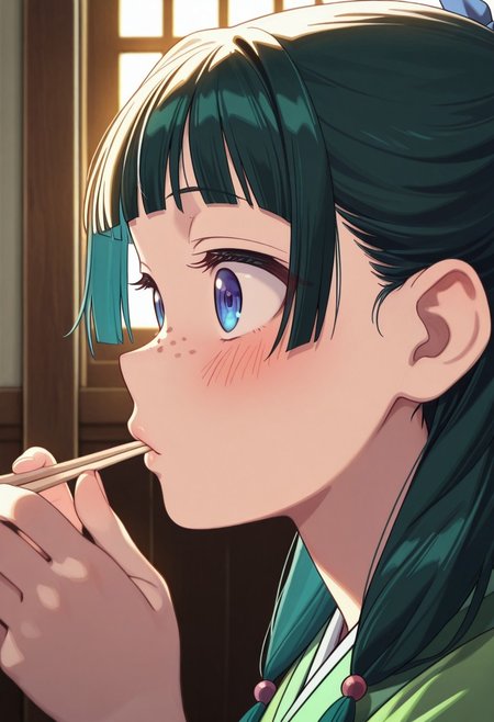 (masterpiece, best quality), amazing quality, colorful, ultra detailed background, highly detailed, fine details, ambient light, dynamic light, soft light, 
1girl, solo, maomao, green kimono, freckles, blue ribbon, long skirt, perfect fingers, perfect hands, glossy hair, glossy lips, beautiful face, beautiful eyes, holding chopsticks, chopsticks in mouth, eating, chewing, (blush:1.4), cute, surprised, 
east asian architecture, window, close to face, (close up:2), (face focus), portrait