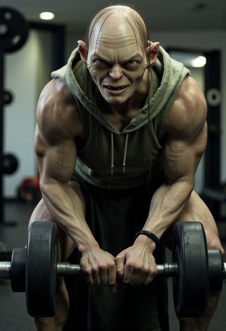 A ridiculously buff, roided-out Smeagol wearing a sleeveless hoodie, curling a massive dumbbell in a realistic gym setting.