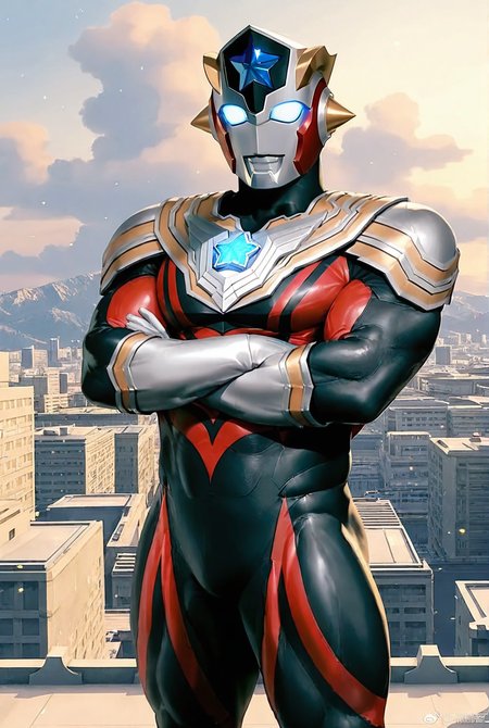 score_9,score_8_up,score_7_up,best quality,ultra-detailed,high resolution,digital painting,8k,1boy,solo,cowboy shot,male focus,bara,detailed face,tokusatsu,bodysuit,alien,glowing eyes,armor,standing,crossed arms,looking at viewer,giant,cityscape,<lora:add-detail-xl:1>,<lora:Ultraman Titus:0.7>,ultraman titus,