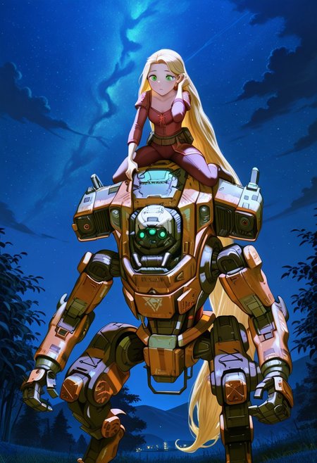 embedding:IllusP0s, ((Gigantic titan_\(titanfall\) mecha)), 1 girl, blonde hair, green eyes, very long hair flowing to the ground, outdoors, night, she is sitting on head of the mech, riding, Rapunzel is small compared to the size of the mech,  Hair tucking, high angle, <lora:titanfall.safetensors:1.0:1.0>