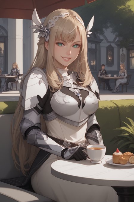 score_9, score_8_up, score_7_up, masterpiece, high quality, BREAK
 <lora:Maria Valkyrie ElysiumPonyLoRA:1>mriavalkelysm, long hair, bangs, hair ornament, pauldrons, breastplate, gauntlets, gloves, dress, belt, smile, sitting in a cafe holding a cup of tea