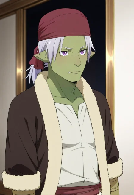 masterpiece, best quality, intricate details, (photorealistic:0.6),, 1boy, solo, male focus, <lora:rigur_tensura_ilxl:0.98>, rigur_tensura, grey hair, purple eyes, pointy ears, colored skin, green skin, goblin, bandana, ponytail,