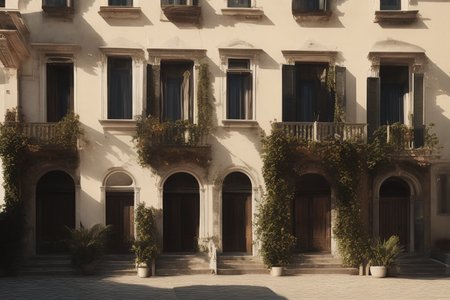 villa facade, venice italy, detailed, mid-day sun, beaming light, photorealistic, hard shadows, 8k