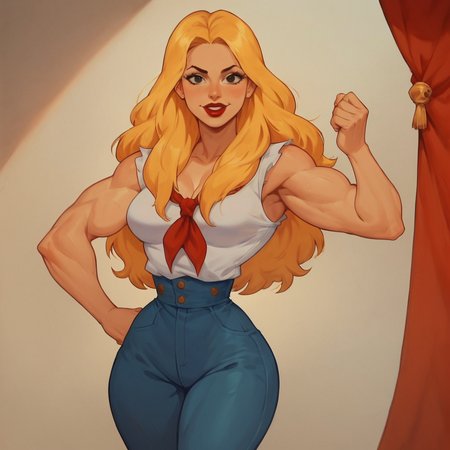 score_9, score_8_up, score_7_up, 1girl, BlondeTT, blonde hair, long hair, black eyes, lipstick, medium breasts, narrow waist, wide hips, muscular, looking at viewer, highres, high quality, masterpiece, <lora:BlondeTT:1>