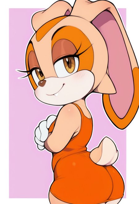 Cream The Rabbit, cute, cutest girl in the world, furry, short orange dress, smug, 
score_9, score_8_up, score_7_up, 2d, flat colors, bold outline, white outline, wide hips, cute butt, bunny tail, from side, side view,