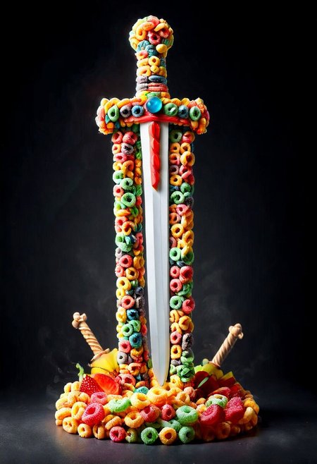 A photorealistic image of a majestic sword made of fruit loops,
intricate details, dramatic composition, tension, contrast, texture, realism, high quality, stunning art, film grain, volumetric lighting, detailed, 
simple background, black background,