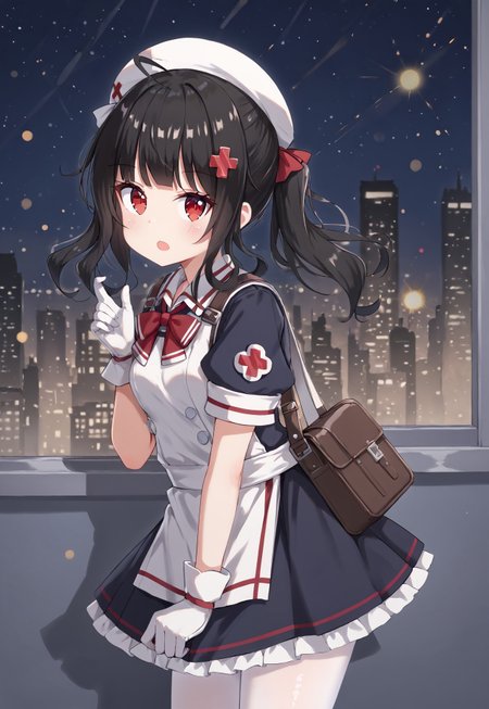 GShMedic, black hair, nurse cap, bangs, x hair ornament, ahoge, red eyes, white headwear, white apron, puffy short sleeves, white gloves, side ponytail, black skirt, black sleeves, red bow, armband, sidelocks, long hair, white pantyhose, collared dress, small breasts,

looking at viewer, head tilt, open mouth, from side, hand up, bag, first aid kit,

window, city, cityscape, dark, night, night sky,

1girl, solo, solo focus, highres, absurdres, light particles, shade, lens flare, shiny skin, fine fabric emphasis,
