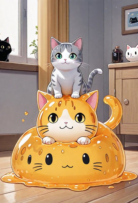 xslimecatx, best quality, masterpiece, cat, sitting on another cat, sitting on another cat