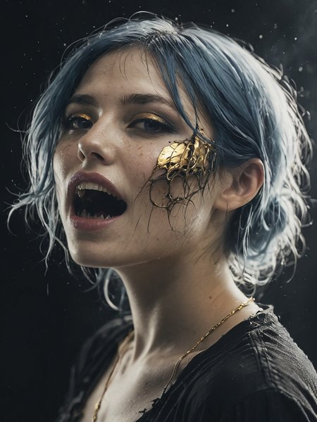 (((A beautiful Passionate, 23 years old woman, with Midnight blue hair shimmering under starlight, silver-gray eyes speckled with gold flecks, and pale skin glowing softly like moonlight., wearing Angel Wing Inspired Top.  Answer.))) (((with exaggerated expressions))) Wearing Tattered Rags Like A Ghost Costume! - This spooky veggie drapes itself in tattered rags that flutter eerily in the breeze!, Smoke Photography: Capture wisps of smoke using a black background and controlled lighting to highlight shapes and textures. The outcome is abstract and artistic, often resembling flowing fabric or ethereal forms..(dynamic:1.1),sun rays,(taken by 12.5mm fisheye lens:1.1), 
(Vivid, HDR, Canon50, 8K, Hyper Realistic, Dramatic, Epic, Dynamic Contrast, Cinematic Lighting, increased brightness)(((Zoomed Out, Far away Shot))) = =. Epic dynamic lighting , vibrant,highly detailed,psychedelic,((Psychedelic, rainbow glow ))
((Vivid, Epic, Dynamic contrast)) (((Zoomed out, Far away shot, In frame)), (((Cinematic)))
<lora:juggernautXL_version6Rundiffusion:0.8> <lora:crystalClearXL_ccxl:0.8> <lora:QuadpipeQp_sdxlV2:0.8>
 <lora:RMSDXL_Photo:0.4><lora:fangs_jaws-000009:0.9> woman, fangs, jaws. jaws, bald man, jungle, , side view, torn mouth, - Generate images with sharp edges and fine details.
- Produce high-resolution images with no blurriness or distortions.
- Create images with clear and well-defined subjects.
- Ensure that the output images have crisp lines and distinct features.
- Generate images with vibrant colors and accurate tones.
- Avoid noise or artifacts in the generated images.
- Focus on producing clear textures and patterns in the images.
- Emphasize clarity and definition in all aspects of the generated images.
- Prioritize the sharpness and clarity of the main subjects in the images.
- Optimize the AI model to produce clear and visually appealing images., Wlop, By art germ, Ross tran