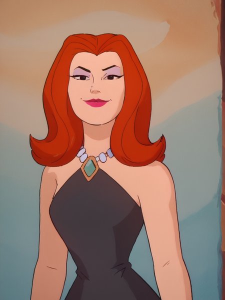easynegative, zPDXL ,1girl, solo, cowboy shot, looking at the viewer, flirty, smug
<lora:Sheera_Mightor_Pony:1> sheera, red hair, long hair,  lipstick, makeup, black eyes, dress, necklace
<lora:Artist_Style_-_Melkor_Mancin_Romulo_Mancin_Style_PDXL:.55>  <lora:Scooby-Doo_1999_style:.65> <lora:PerfectEyesXL:1> perfecteyesâââ
