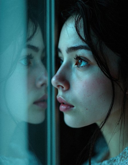 a highly detailed portrait of a woman gazing into a mirror, with her face reflected in such a way that it splits her features down the middle. Her reflection should be slightly blurred or distorted, adding a surreal quality that evokes themes of self-exploration and internal conflict. The lighting should be soft and diffused, casting a cool, muted tone that enhances the mood of solitude and introspection. Her expression is serene yet distant, as if she is lost in thought or contemplating her own reflection from another dimension.

Her hair is loosely gathered, with stray strands framing her face and adding texture to the scene. The background is softly blurred, almost fading into darkness, which keeps the focus on her face and the mirrored reflection. The color palette should be composed of cool blues and grays, emphasizing the ethereal, ghostly feel of the image. Aim for a photorealistic effect that captures the fine details of her skin, the subtle interplay of light and shadow, and the intricate strands of hair, blending realism with a sense of otherworldly beauty.


