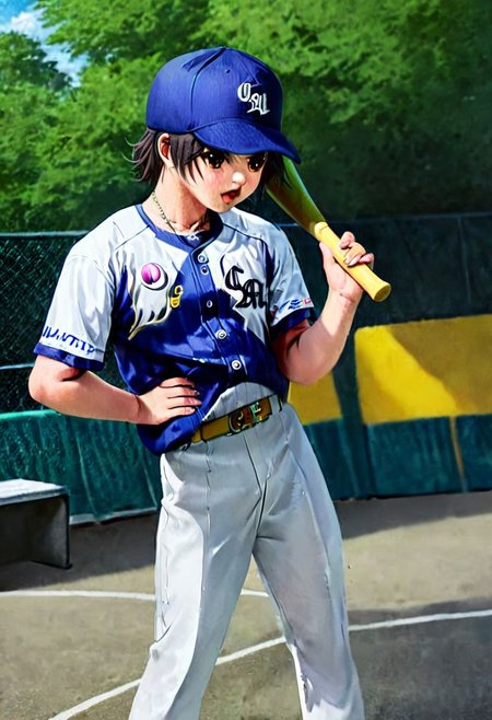 <lora:The Mask - SDXL
0>,smooth top of head,boy,solo,hands on hip, <lora:bulge:1.2>,holding bat in hand
,exercising in the park,so cute ,so sweet,realistic painting,clm, baseball uniform,