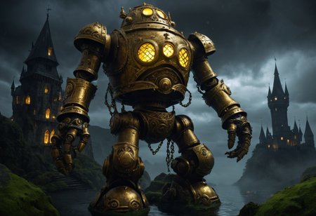 giant bipedal robot brass and mustard yellow
 striped paint, bronze paisley robot. lacy robot metal. diving helmet torso head. outside of a steampunk keep. large detailed torso. dark image. one forty foot tall ancient robot with great arms and two heavy spring legs. dark foggy night background. $dark foggy night image only. dark photo realistic image. steampunk details. cogs, chains and pipes incorporated in the fantasy buildings. magic wizards tower in background. Dark swamp, moss, castle ruins, wizards tower. stormy dark night. stormy sky. rain. bowl head.