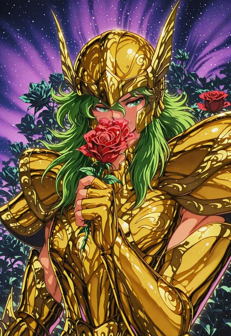 safe_pos, masterpiece, best quality, amazing quality, very aesthetic, absurdres, newest, FMIXF, hatching (texture), vibrant details, fluffy fur, dark_fantasy_style, dark fantasy, retro, ANDROMESHUN, SHUNPLAIN, pisces armor, gold armor, helmet, 1boy, slender figure, long wavy green hair, upper body, rose, holding rose, ((rose garden background)), depth of field, smile, parted eyes