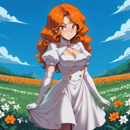 freerrystyle, 
score_9, score_8_up, score_7_up, 1girl, solo, long hair, curly hair, wavy hair, orange hair, orange eyes, looking at viewer, breasts, dress, white dress, puffy sleeves, puffy short sleeves, short sleeves, gloves, elbow gloves, white gloves, cowboy shot, closed mouth, standing, outdoors, field, flower, grass, plant, sky