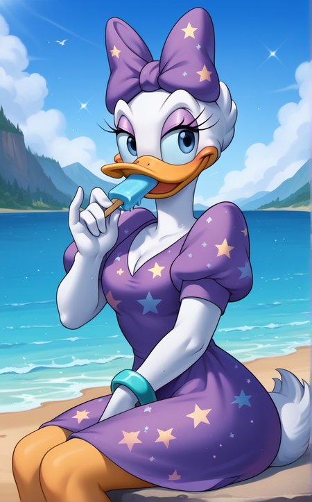 score_9, score_8_up, score_7_up, absurdres, 1girl, arm support, beach, holding food, parted lips, looking at viewer, mountain, ocean, popsicle, river, rock, sitting, water, blush, outdoors, day,<lora:PONYXL_DaisyDuck_ownwaifu:1>, BREAK PurpleSparkleDress_DaisyDuck_ownwaifu, 1girl, beak, furry female, white fur, duck, animal nose, body fur, makeup, bird girl, white hair, purple eyeshadow, hair bow, puffy short sleeves, puffy sleeves, short hair, purple dress, eyelashes, purple bow, blue eyes, cleavage, no humans, bracelet, breasts, tail, jewelry, short sleeves, colored skin, sparkle print, <lora:add-detail-xl:0.15>,