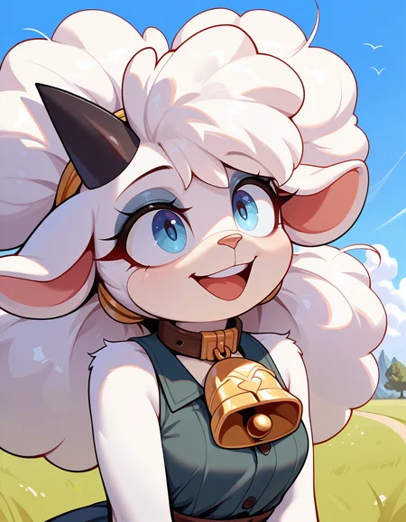 masterpiece, best quality, very aesthetic, absurdres,
outdoors, 
headshot, happy, 
<lora:Lanolin_v01_NAIXL:1>
Lan0l1n,1girl,solo,furry,furry female,sheep girl,white hair,long hair,sheep ears,black horns,blue eyes,eyeshadow,animal nose,neck bell,body fur,white fur,