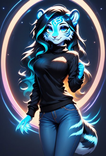 digital_media_(artwork) hi_res, score_9, score_8_up, score_7_up, score_6_up, score_5_up, score_4_up, rating_safe, beautiful, intricate, high quality details, highly detailed, anthro, furry, female, detailed textured fur, fur tufts, fluffy, slim, slender, cute, sweater, baggy denim jeans, detailed sexy eyes, coy smile, solo, SFW, tiger, long hair, multicolored hair, streaked hair, absurdres, highres, goth, heavy eyeliner, heavy eye shadow, breasts, gaming, glowing hair, glowing stripes,