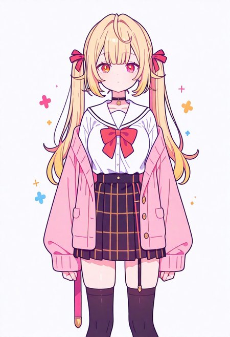 Flatline, Flat vector illustration, looking at viewer, full_body, 
nijisara, large breasts, heterochromia, red eye, yellow eye, blonde hair, ltwintails, hair ribbon, long sleeves, red bow, pink cardigan, black thighhighs, plaid skirt, red ribbon, black choker, garter straps, school uniform, 
beautiful breasts, slim, slender, fair skin, clear skin, beauty skin, smooth skin, shiny skin, beautiful legs, long legs, 
from front, front view, straight-on, look at viewer, standing, (legs apart:1.4), 
white background,