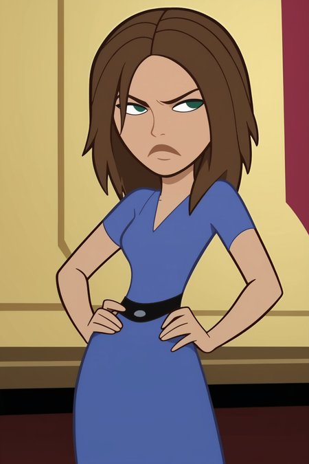 score_9, score_8_up, score_7_up, score_6_up, score_5_up, score_4_up, BREAK, <lora:Bonnie_Rockwaller:.8>, 1girl, Bonnie, brown hair, green eyes, no pupils, dark skin, blue dress, short sleeves, standing, hands on hips, frown