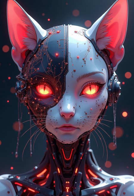 A digital anime artwork in the style of cklg, studio anime art, detailed ink sketch, high quality digital illustration. A striking frontal close-up of a cybernetic feline's face, captured at the moment of being reconstructed by a swarm of tiny, spider-like bots. Her features are partially formed, with smooth, metallic surfaces intertwining with glowing synthetic skin, exuding a radiant crimson and shiny silver glow. The bots are scattered across her face, their articulated legs weaving intricate patterns of circuits and nanofiber as they delicately shape her visage. One side of her face gleams with seamless perfection, while the other appears raw and incomplete, with luminous circuits and delicate filigree exposed. The background is a symphony of glowing holograms and light particles shifting into darkness. The image combines mechanical precision with haunting beauty, emphasizing the ethereal moment of transformation and creation.