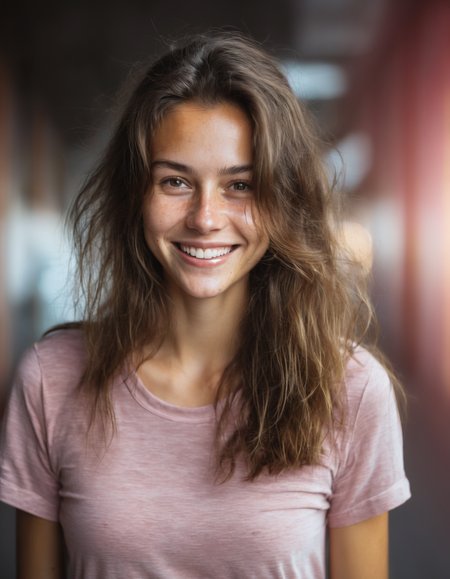 young woman with beautiful unvarnished natural face and messy (brown and dirty hair) smiling into the camera, wearing a tight pink shirt