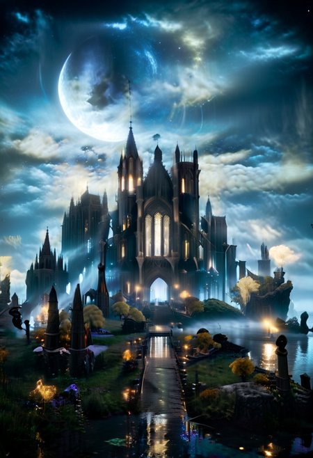 score_9, score_8_up, score_7_up, score_6_up, score_5_up, score_4_up,
(in the foreground there is a magic gothic academy with high towers on an island surrounded by a lake), the academy glows in a slight magical blue aura, the clouds have a golden hue,
at night, a big half-moon in the sky,
 w3ers, scenery, gloomy, dark, low-key, DonMM4g1cXL