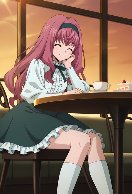 masterpiece,best quality,amazing quality,

1girl, solo,

Mirei Minae (Cardfight Vanguard), long hair, old rose hair, closed eyes,

hairband, white shirt, puffy sleeves, frills, long sleeves, green skirt, frilled skirt, white socks, kneehighs,

smile, hands on table, 

cinematic, cup of tea, cake, cookies,

Sit, sitting, cafe, afternoon, sunset, 

Lens flare, bloom,

Official style, anime screencap, anime coloring,
















