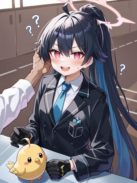 1girl, 
jacket, open mouth, hair between eyes, out of frame, upper body, halo, blue necktie, cropped torso, multicolored clothes, long hair, long sleeves, shirt, necktie, gloves, multicolored gloves, solo focus, blush, holding, white jacket, black gloves, black jacket, ponytail, blush stickers, very long hair, ahoge, looking at viewer, pink eyes, v-shaped eyebrows, smile, sidelocks, pink halo, sweatdrop, white shirt, collared shirt, headpat,
she is wearing a school uniform with a blue tie and a white shirt. she has long black hair that is styled in two braids on top of her head. the girl is holding a small yellow bird in her hand and appears to be looking at it intently. above her head, there are several question marks scattered around, indicating that she is deep in thought. the background is white.
score_9, score_8_up, score_7_up, source_anime
 <lora:style021:0.9>