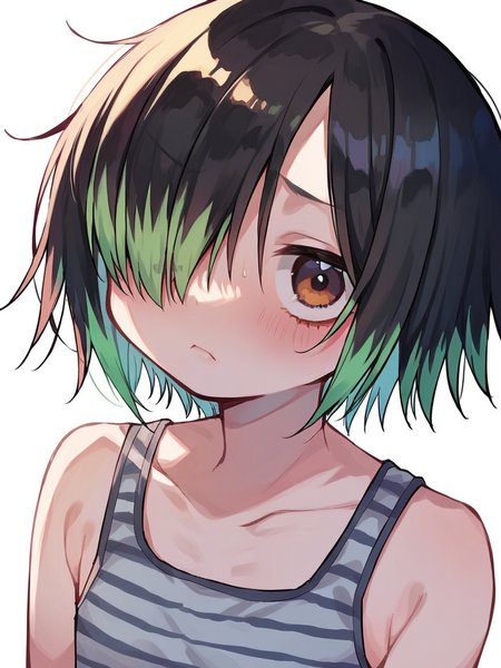 score_9, score_8_up, score_7_up,  
1girl, komidori mai, medium hair, black hair, hair over one eye, highlights, flat chest, jitome,
green highlights, brown eyes,

upper body, white background, striped tank top, looking at viewer,  closed mouth, shy, frown, 
