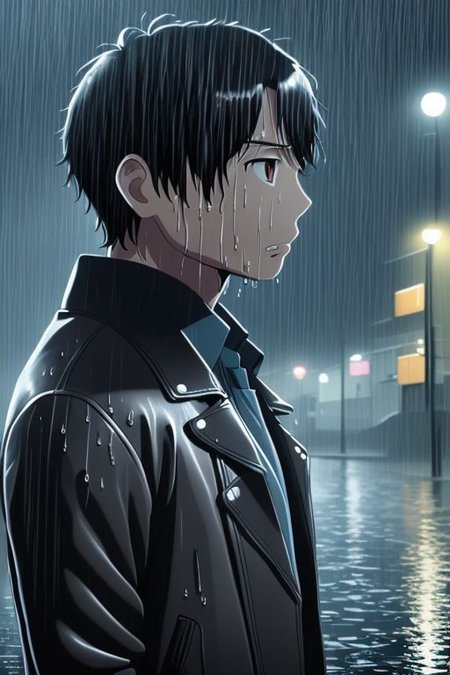 high resolution, solo, best quality, 1Boy, Inaho Kaizuka, Black Hair, heavy rain, night, looking down, sad, leather jacket, looking away, wet, wet hair, OverallDetail