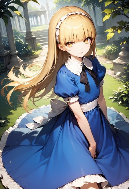 score_9, score_8_up, score_7_up, source_anime, best quality, masterpiece, 
human, female, solo, 
<lora:zs_AliceXL:1> alicesmt, dress, long hair, blonde hair, hairband, blunt bangs, puffy sleeves, blue dress, yellow eyes
