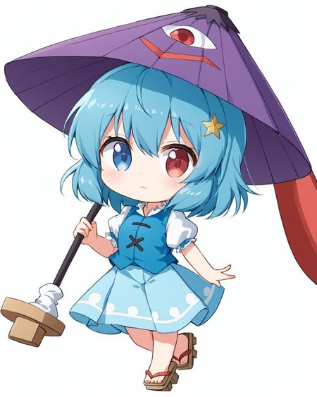 tatara kogasa,1girl, heterochromia, solo, karakasa_obake, purple_umbrella, simple_background, blue_vest, white_background, blue_skirt, chibi, short_sleeves, looking_at_viewer, pout, holding_umbrella, puffy_sleeves, geta, white_shirt
<lora:tatara_kogasa_image6022_2023-12-20-000007:1>,star-shaped_pupils,symbol-shaped_pupils,. gorgeous,key visual, vibrant, studio anime,award-winning, professional, highly detailed,high budget, cinemascope