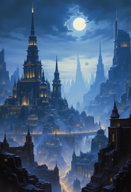 Futuristic megapolis at night. There is Orthodox cathedral in the megapolis. There is a moon in the sky. Science fiction.
 <lora:sxz-Dark-Fantasy-v2-Flux:1> drkfnts style.