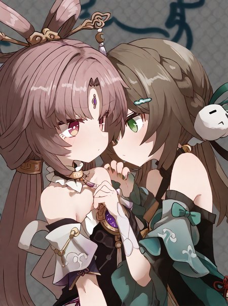 detailed background, shiny skin, posing, rating safe, 
 <lora:sumiyao.pony:1>,
sumiyao, 
 <lora:fuqin.pony:1>,
fuxuan, qingque, 2girls, yuri,