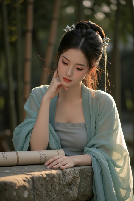 <lora:ãéº¦æ©éè¡£ãMajicflus:0.7>, qingyi, At sunrise, a young woman leans lightly against an ancient stone table, her cyan hanfuâs open neckline revealing the soft contours of her shoulders and chest beneath the sheer fabric. The morning light casts warm, layered shadows across her skin. Her fingers gently brush over a scroll of poetry, her gaze focused and introspective. Her hair is secured with two silver hairpins, each adorned with delicate tassels swaying softly in the breeze. The background features a bamboo grove bathed in dawnâs red hues, with shadows and mist blending to create a rich interplay of light and depth.âââ