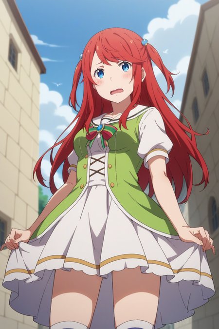 score_9, score_8_up, score_7_up, source_anime, 1girl, prefect lighting, very aesthetic, intricate details, highly detailed background, masterpiece, high quality, prefect hands, best quality, solo,
<lora:Theresia_van_Astrea_ReZero_V1:.85>, KJOtheresia, red hair, blue eyes, long hair, swept bangs, two side up, 
school uniform, blue pleated skirt, kneehighs, short sleeves,
from below, skirt lift, looking at viewer, wavy mouth, blush, embarrassed, open mouth,
outdoors, medieval city, smoke, gray sky,
(Beautiful, medium Breasts:1.2), natural breasts,