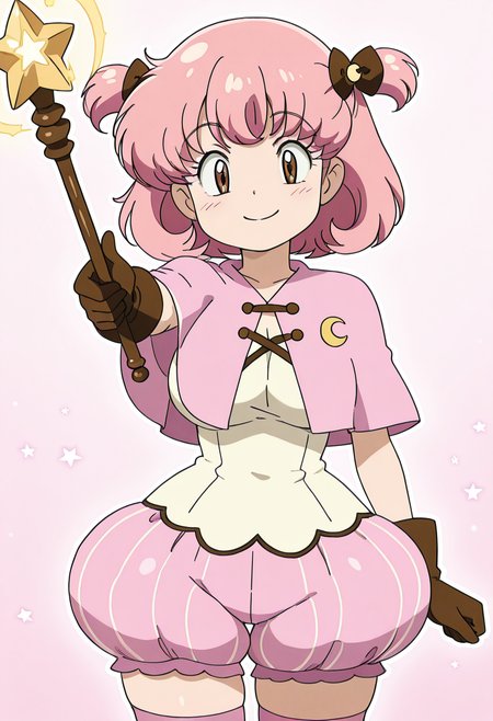 masterpiece, best quality, solo, curvy, beautiful eyes, narrow waist, large breasts, 1girl, solo, smile, looking at viewer,    zzMomo, brown eyes, short hair, pink hair, hair bow, two side up, hair ornament, hair ribbon,  capelet, white shirt, brown gloves, puffy shorts, pink thighhighs, zettai ryouiki,  ,<lora:MomoByKurumiErika_IXL:1.0>,  , smile, looking at viewer, cowboy shot,  <lora:CitronKuroStyle_IXL:0.8>, magical girl, wand,  magic, peaches, magicial background, foreshortening,   <lora:CuteRetroStyle_IXL_v1:1.0>,