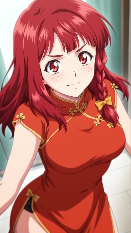 source_anime, general, best quality, masterpiece, 1girl,  <lora:Rosalie_Serue_ill_v1.0:1> rosalie_serue\(srw\), red eyes , red hair, freckles,braid, long hair, side braid, hair bow, china dress, dutch angle, dynamic pose,
