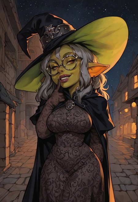 score_9, score_8_up, score_7_up, score_6_up,  gray hair, (big lips:0.6), colorful dress, cape, wizard hat, large hat, goblin, green skin, large breasts, nipple peek, outdoors, marketplace, night, starry sky, wide grin, naughty face, detailed, wizard, (close up:1.2), g0thicPXL, shortstack, medieval eyeglasses, hand to chin