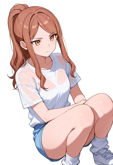 masterpiece,high quality details, absurdres,
 <lora:Aona:0.8> aona_cnr, 1girl, brown hair, long hair, ponytail, brown eyes,, simple background, white background, dutch angle,solo,, serious,serious,, upright posture,determined expression,crouching position,, borrowed garments,see-through shirt  ,hot pants, ,tube socks,