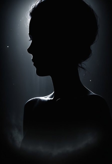 black background, dark photo, silhouette.  fading backlit background,amazing depth, intricately detailed, bokeh,  perfect balanced, deep fine borders, artistic photorealism , smooth,