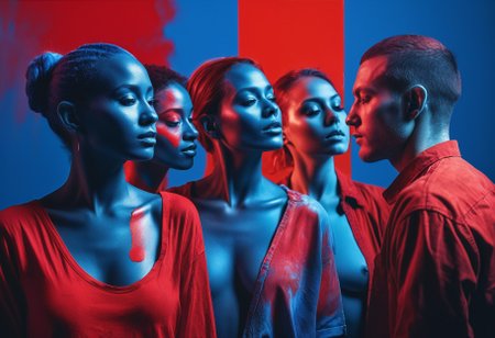 a picture of a Group of people, in the style of vibrant collage, color photography, spray painted, exotic, light indigo and red, close-up, studio photography, negative colors, split tones