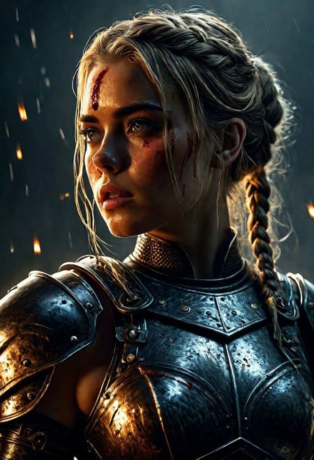 Ultra detailed digital art masterpiece Warrior girl dressed in a iron Armor, Standing on a battlefield at the head of an army of knights, where a bloody slaughter is taking place, standing in battle pose, a dark epic fantasy, perfect lighting, beautiful Kiernan Shipka as Warrior girl, attractive woman, elegant, sinewy athletic body, unreal engine 5 nanite quality, mixed with dark elements, dark environment, very stormy day, clean dark velour witch clothing, LOTR style, dark washed out eyeliner, no make up, natural bloody face, realistic brown eyes, ultra detailed atmospheric details, beautiful glowing effects, sparkle effects, realistic body proportions, beautiful face proportions, complex masterpiece, wavy blonde hair, hair braided into pigtails, creative glowing detailed tattoos, complex physics, enhanced colors, complimentary colors, ultra detailed raytracing reflections, Ultra detailed complex background, environment feels alive, direct eye contact, dramatic lighting, wet and sweaty skin, beautiful firm Breasts, Daylight, Concept art portrait by Greg Rutkowski, adding to the intense and dynamic atmosphere of the scene.