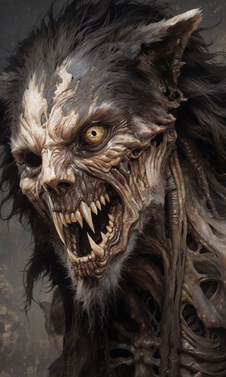 A hyper-realistic cgi profile of a skeletal wolf with gaping jaws sharp teeth and a yellow eye  disheveled fur fused half with a (human:1.1) set against a dark smoky background. The lighting accentuates the bone's texture and eerie atmosphere., <lora:- NAI - ac_illustration_V1.0-step00011000:.2>  <lora:- NAI - PdJ_highres_counterweight_V.2.0-step00021000:0.7>