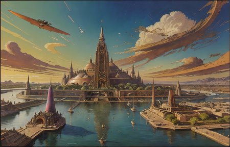 (Masterpiece), artwork, moebius steampunk, a picture of a huge lively aztec port, in the background a beautifull city in a hilly landscape, domes and temples dominating the skyline, flying steampunk airships in a clouded sky, in the harbour steampunk-cruiser arriving and leaving, the harbour entrance is guarded by the statue of a colossus, best quality, ultra high res, cinematic lighting, dramatic lighting, glorious, imperious, fantastic, spectacular, dslr, ultra quality, sharp focus, tack sharp, dof, film grain, technicolor, Fujifilm XT3, photorealistic, 8K UHD <lora:Don_Lawrence_Storm_v1:0.6>, dlstormstyle, <lora:Moebius:0.9> <lora:Nouveau_last:0.6>, art nouveau Style,