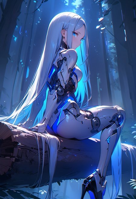 ((masterpiece), (best quality), (ultra-detailed), 
illustration, 3DMM,
1woman, deep blue eyes, blue hair , very long hair, forehead, black footwear, high heels, sitting, looking at viewer, trees, sitting on log, night sky, stars, forest, futuristic,  hand prosthesis, scifi , lrg prosthesis, glossy, armor, cyborg,  perfect body, silver and blue glow,  mechanical joints, from back,
 ,blue neon, prostheses, cyber prostheses, tilted back, from downstairs, reaching for viewer)