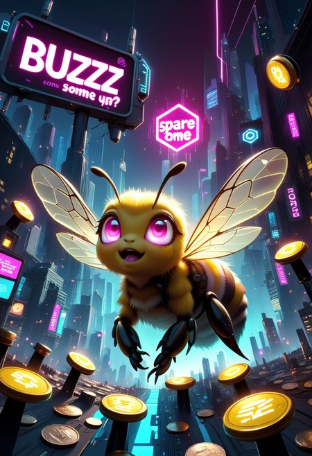 Cyberpunk-style bee, big glowing eyes, looking up hopefully, pov, futuristic, neon-lit, cityscape, holographic "Buzz" coins floating around, glowing sign, "Spare some buzz?", adorable, slightly dramatic,