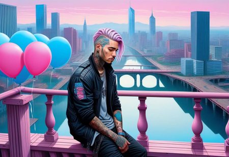 anime, a man with tattoos on his face rested on the railing of a bridge, city day, holiday, pink and blue balloons, a bridge with wooden columns and arches, a wooden floor ,(((light silver hair))), 
a couple of large buildings, pink background, day, tall buildings, cyberpunk, cyberpunk art, retrofuturism<lora:Cyberpunk _Anime_sdxl:1.0>, vfx environment, ambient occlusion, highlights, corect eyes, black jacket with bedding,(((high - rise buildings)))