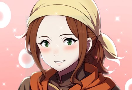 score_9, score_8_up, score_7_up, source_anime, BREAK, solo, 1girl, smile, looking at viewer,  <lora:FEA-S-Rank-pdxl_Fp:1>, pink background, sparkle, bubble, <lora:Fates-villager-maiden-pdxl_Fp:1>, fatesvillagemaiden, ponytail, bandana, brown hair, green eyes, brown shirt, long sleeves, neckerchief, blush
